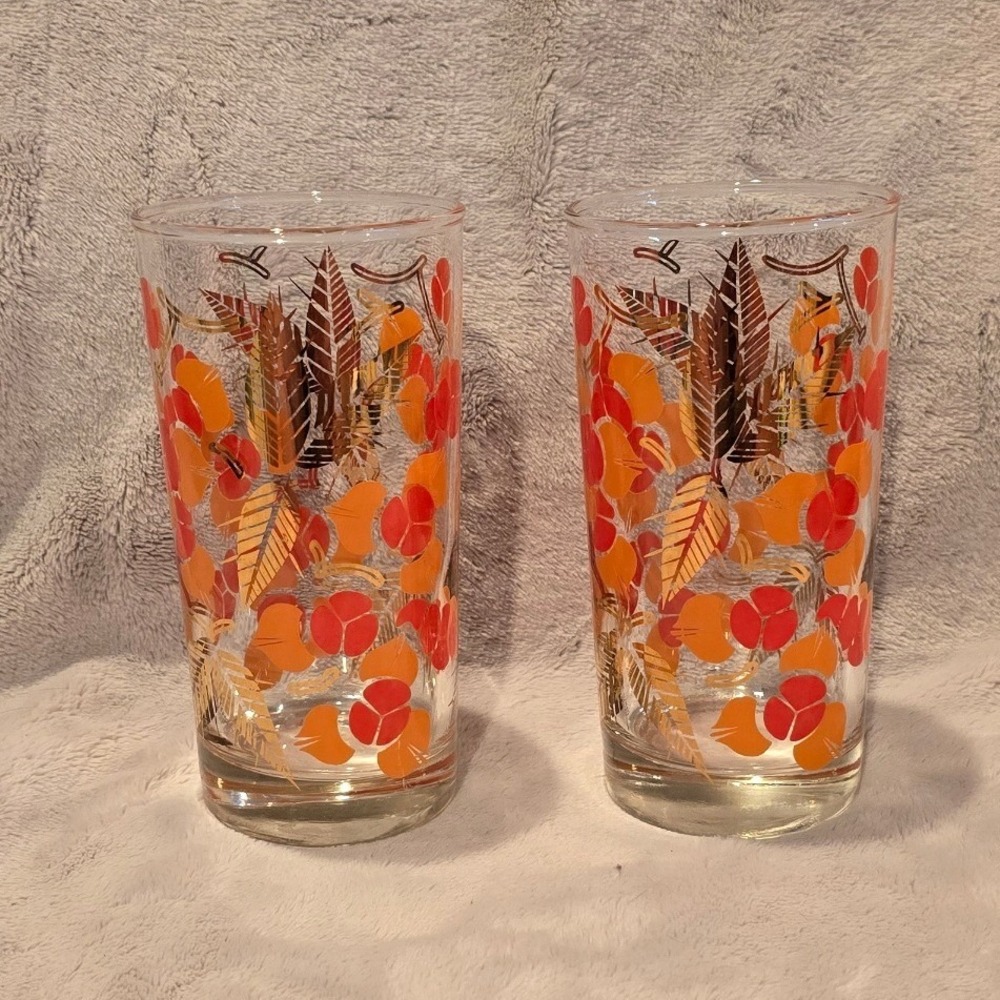 Vintage Libbey Fall Leaves Berries Highball Glasses Set of 2 Orange Red Gold MCM